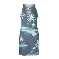 Ženska ležerna kratka haljina s okruglim vratom s printom, široka suknja za plažu, Ženska haljina u plavoj boji,