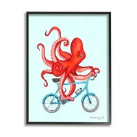 Crveni pipci hobotnice jašu na plavom biciklu grafika bicikla u crnom okviru zidni tisak, dizajn Amelie Lego
