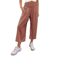 Ženske pamučne lanene hlače, Ženske hlače visokog struka, elastični pojas, jednobojni džepovi, Ležerne široke
