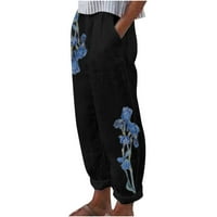 ; Ženske ljetne Ležerne široke pamučne i lanene hlače s džepnim printom crne hlače