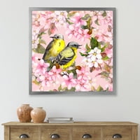 Dizajnerska umjetnost ptice na ružičastoj trešnji, cvjetovima trešnje I jabukama tradicionalni uokvireni umjetnički