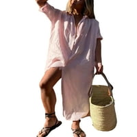 ;/ Ženska ljetna haljina za plažu, jednobojne duge maksi haljine, haljina s košuljom kratkih rukava, ležerna široka