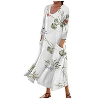 Ženska modna ležerna haljina s printom s okruglim vratom, široka haljina s džepovima, bijela;