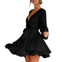 Crne haljine za žene, Minidress s izrezom u obliku slova u i pojasom veličine plus, Ležerne haljine s volanima