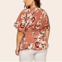 Ženska bluza Plus Size s cvjetnim printom kratkih rukava s okruglim vratom, ružičasti vrhovi;