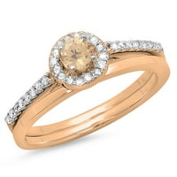0. 18k ružičasto zlato, okrugli prsten od šampanjca i bijelog dijamanta, Ženski zaručnički prsten s odgovarajućim