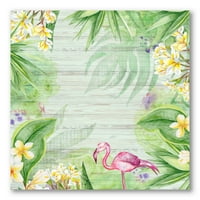DesignArt 'žuti cvjetovi, tropsko lišće s flamingom I' Moderni platno zidne umjetničke print