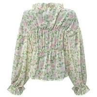 Vrijeme i TRU ženske jesenske modne gljivice Edge print Šifonska košulja s plamenom rukavom cvjetni ležerni pulover