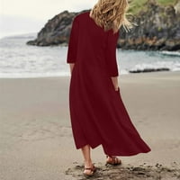 Ženska modna ležerna čvrsta boja rukava pamučna lanena džepna haljina, vino, m