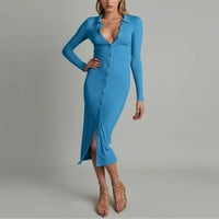 Žene duge rukave za zatvaranje gumba rebra Skinny Solid Color Casual haljina ženska ležerna haljina plava s