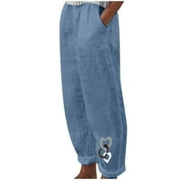 Ženske pamučne lanene hlače s printom srca, elastični pojas, hlače veličine 7-8, Ležerne ljetne hlače, ravne hlače