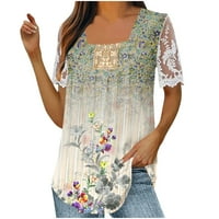 Ženske Ležerne ljetne majice, majica kratkih rukava s cvjetnim printom s četvrtastim izrezom i čipkastim obrubom,