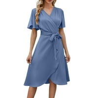 Ženske haljine ženska satenski v vratni čipkasti struk kratki rukavi casual modna haljina za žene plava xl