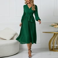 Haljine ženski dugi rukavi vitki fit naplativi pojas v-izrez elegantno zeleno 2xl