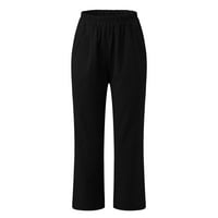 Fesfesfes lanene hlače za žene casual solidne boje elastični pojas pantalone u udobnim hlačama za ravne noge capri