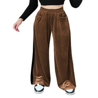 Ženske široke baršunaste hlače, rastezljive široke hlače kontrastne boje visokog struka