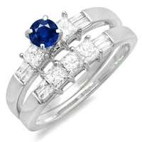 Set ženskih Zaručničkih prstenova od 14 karatnog plavog safira i bijelog dijamanta, Bijelo zlato, Veličina 7