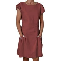 Royallove ženska pamučna posteljina Čvrsta boja Labavi okrugli džepovi s kratkim rukavima haljine za žene za žene