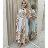 Žene s punim rukavima vitki pojas pojas, tiskanje ležerne muslimanske duge haljine